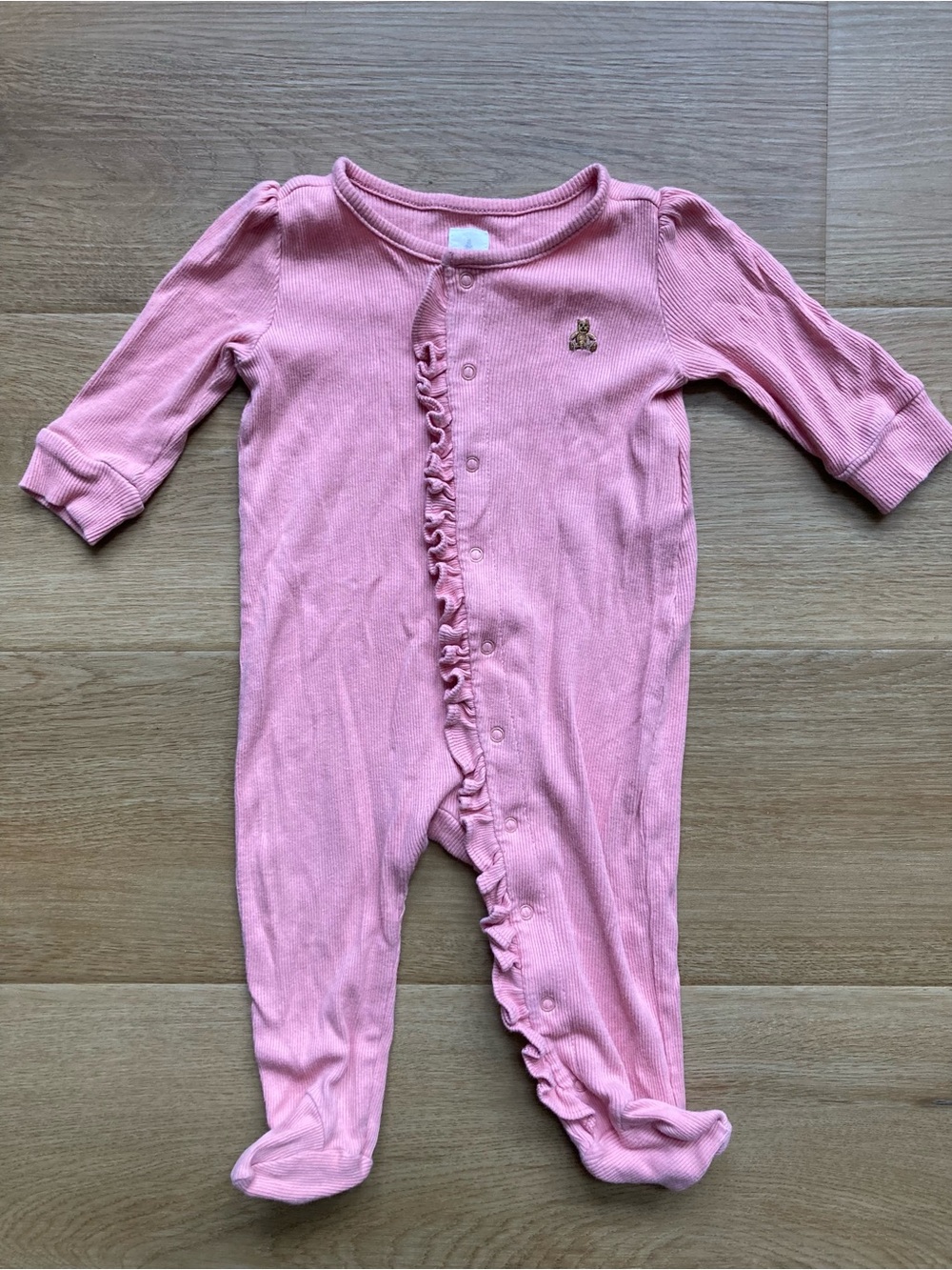 Baby GAP Pink Ruffle-Front Footie Onesie with Embroidered Bear